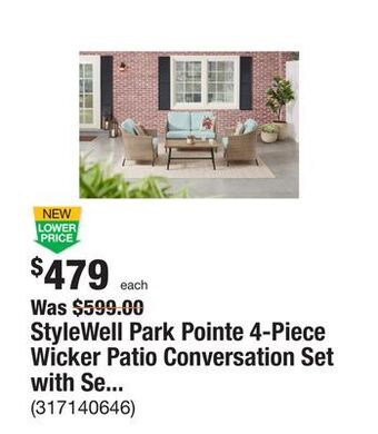 The Home Depot Stylewell park pointe 4-piece wicker patio conversation set with seabreeze cushions offer
