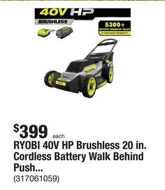 The Home Depot Ryobi 40v hp brushless 20 in. cordless battery walk behind push mower with 6.0 ah battery and charger offer