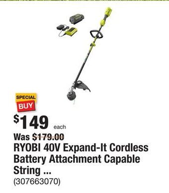 The Home Depot Ryobi 40v expand-it cordless battery attachment capable string trimmer with 4.0 ah battery and charger offer
