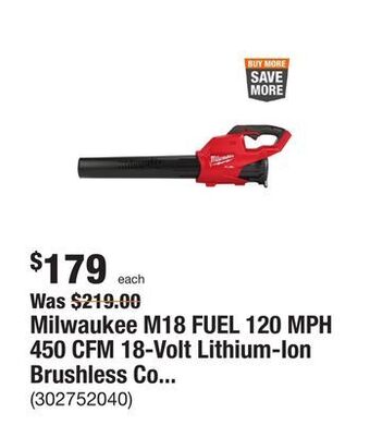 The Home Depot Milwaukee m18 fuel 120 mph 450 cfm 18-volt lithium-ion brushless cordless handheld blower (tool-only) offer