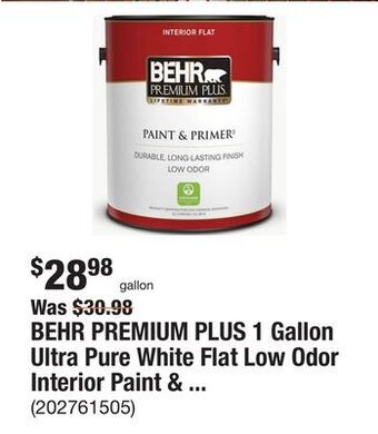 The Home Depot Behr premium plus 1 gallon ultra pure white flat low odor interior paint & primer offer