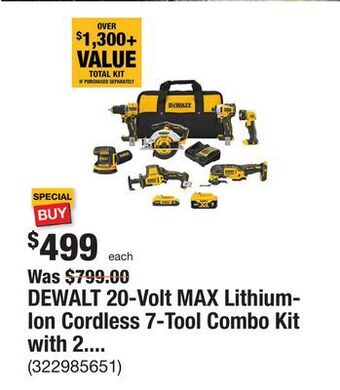 The Home Depot Dewalt 20-volt max lithium-ion cordless 7-tool combo kit with 2.0 ah battery, 5.0 ah battery and charger offer