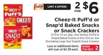ShopRite Puff'd or snap'd baked snacks or snack crackers offer