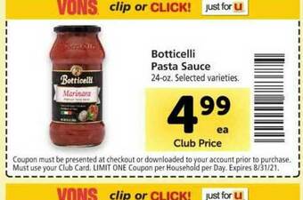 Vons Botticelli Pasta Sauce offer