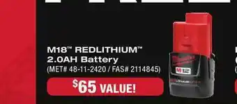 Fastenal M18 Redlithium 2.0ah Battery offer