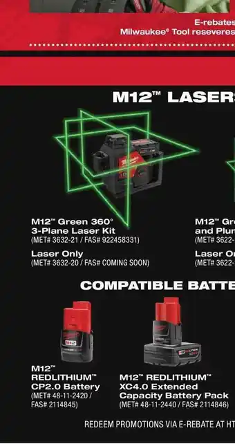Fastenal M12 Green 360° 3-plane Laser Kit, M12 Redlithium Cp2.0 Battery, M12 Redlithium Xc4.0 Extended Capacity Battery Pack offer