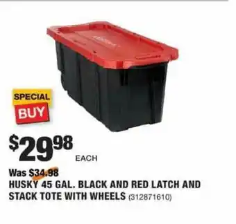 The Home Depot Husky 45 Gal. Black And Red Latch And Stack Tote With Wheels offer