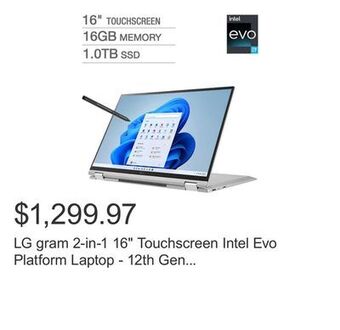 Costco Lg gram 2-in-1 16 touchscreen intel evo platform laptop - 12th gen intel core i7-1260p - 2560 x 1600 - windows 11 offer
