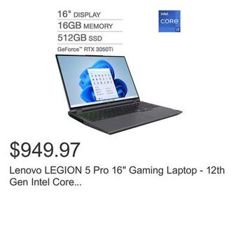 Costco Lenovo legion 5 pro 16 gaming laptop - 12th gen intel core i7-12700h - geforce rtx 3050ti - 165hz 2560 x 1600 display - windo offer