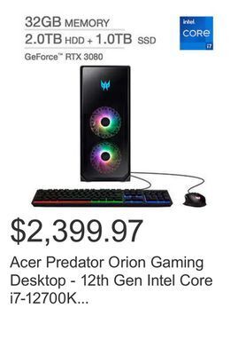 Costco Acer predator orion gaming desktop - 12th gen intel core i7-12700k - geforce rtx 3080 - windows 11 offer