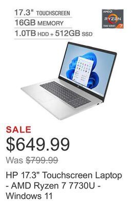 Costco Hp 17.3 touchscreen laptop - amd ryzen 7 7730u - windows 11 offer