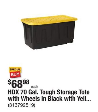 The Home Depot Hdx 70 gal. tough storage tote with wheels in black with yellow lid offer