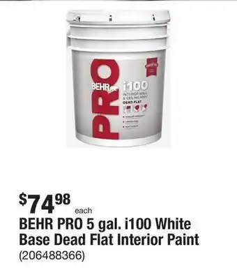 The Home Depot Behr pro 5 gal. i100 white base dead flat interior paint offer
