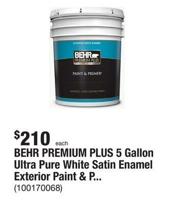 The Home Depot Behr premium plus 5 gallon ultra pure white satin enamel exterior paint & primer offer
