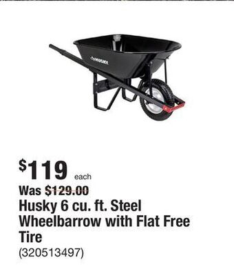 The Home Depot Husky 6 cu. ft. steel wheelbarrow with flat free tire offer
