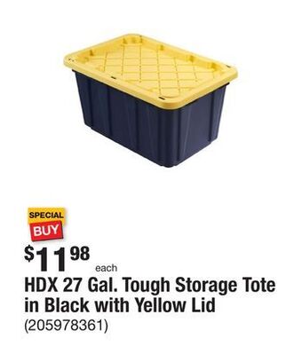 The Home Depot Hdx 27 gal. tough storage tote in black with yellow lid offer