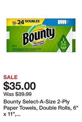 Office Depot Bounty select-a-size 2-ply paper towels, double rolls, 6 x 11, white, 90 sheets per roll, pack of 12 rolls offer