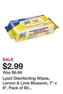 Office Depot Lysol disinfecting wipes, lemon & lime blossom, 7 x 8, pack of 80 wipes offer