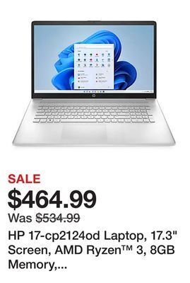 Office Depot Hp 17-cp2124od laptop, 17.3 screen, amd ryzen™ 3, 8gb memory, 256gb solid state drive, wi-fi 6, windows® 11 home offer