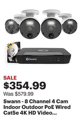 Best Buy Swann - 8 channel 4 cam indoor outdoor poe wired cat5e 4k hd video 2tb nvr security surveillance camera system w/ led lights offer