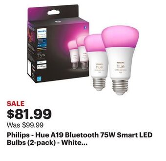 Best Buy Philips - hue a19 bluetooth 75w smart led bulbs (2-pack) - white and color ambiance offer