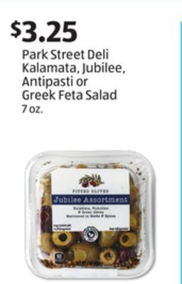 Aldi Park street deli kalamata, jubilee, antipasti or greek feta salad offer