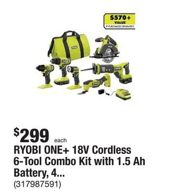 The Home Depot Ryobi one+ 18v cordless 6-tool combo kit with 1.5 ah battery, 4.0 ah battery, and charger offer