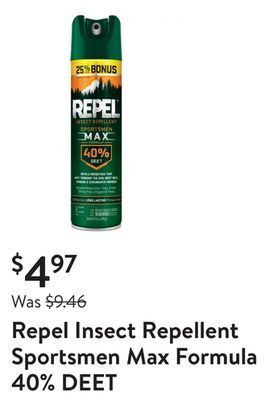 Walmart Repel insect repellent sportsmen max formula 40% deet offer