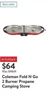Walmart Coleman fold n go 2 burner propane camping stove offer