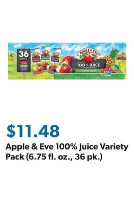 Sam's Club Apple & eve 100% juice variety pack (6.75 fl. oz., 36 pk.) offer