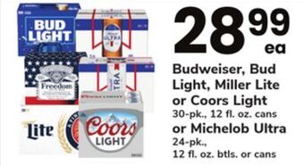 ACME Budweiser, bud light, miller lite or coors light 30-pk., 12 fl. oz. cans or michelob ultra 24-pk., 12 fl. oz. btls. or cans offer