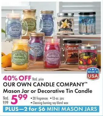 Boscov's Our own candle company™ mason jar or decorative tin candle offer
