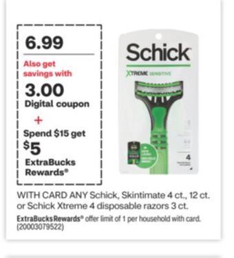 CVS Any schick, skintimate 4 ct., 12 ct. or schick xtreme 4 disposable razors 3 ct. offer