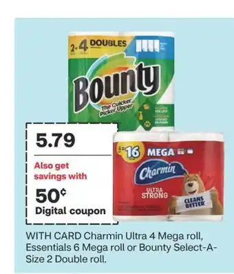 CVS Charmin ultra 4 mega roll, essentials 6 mega roll or bounty select-a-size 2 double roll offer