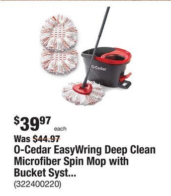 The Home Depot O-cedar easywring deep clean microfiber spin mop with bucket system and 2 extra deep clean mop head refills offer