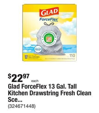 The Home Depot Glad forceflex 13 gal. tall kitchen drawstring fresh clean scent with febreze freshness trash bags (110-count) offer