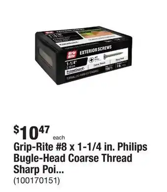 The Home Depot Grip-rite #8 x 1-1/4 in. philips bugle-head coarse thread sharp point polymer coated exterior screw (1 lb./pack) offer