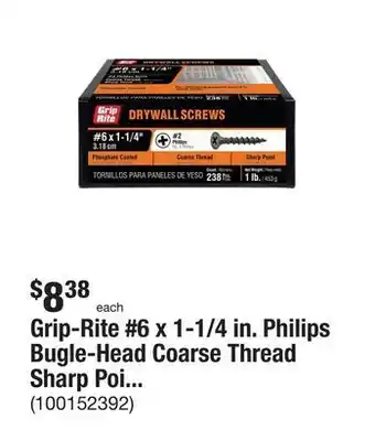 The Home Depot Grip-rite #6 x 1-1/4 in. philips bugle-head coarse thread sharp point drywall screws (1 lb./pack) offer