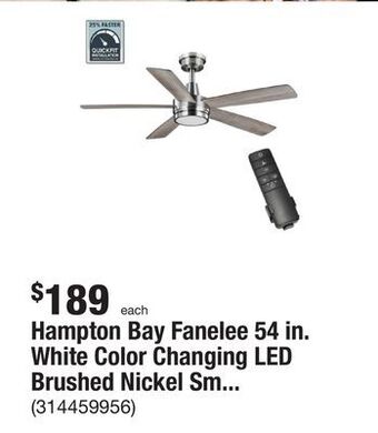 The Home Depot Hampton bay fanelee 54 in. white color changing led brushed nickel smart ceiling fan with light kit and remote powered by hub offer