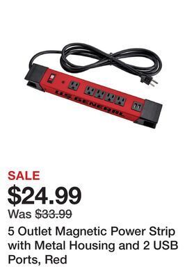 Harbor Freight Tools 5 outlet magnetic power strip with metal housing and 2 usb ports, red offer