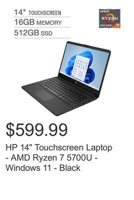 Costco Hp 14 touchscreen laptop - amd ryzen 7 5700u - windows 11 - black offer