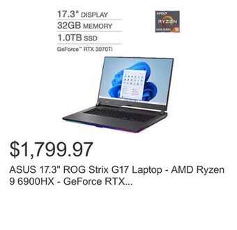 Costco Asus 17.3 rog strix g17 laptop - amd ryzen 9 6900hx - geforce rtx 3070ti - 2560 x 1440 - windows 11 offer