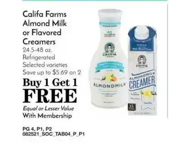 Pavilions Califa Farms Almond Milk Or Flavored Creamers offer