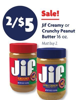 Family Dollar Jif creamy or crunchy peanut butter offer