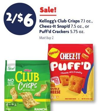 Family Dollar Kellogg's club crisps 7.1 oz., cheez-it snap'd 7.5 oz., or puff'd crackers 5.75 oz. offer