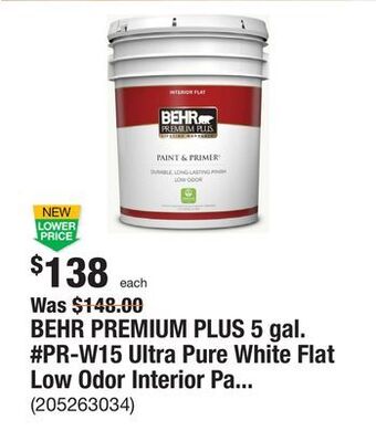 The Home Depot Behr premium plus 5 gal. #pr-w15 ultra pure white flat low odor interior paint & primer offer