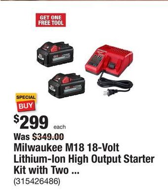 The Home Depot Milwaukee m18 18-volt lithium-ion high output starter kit with two 6.0 ah battery and charger offer