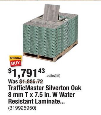The Home Depot Trafficmaster silverton oak 8 mm t x 7.5 in. w water resistant laminate wood flooring (947.6 sqft/pallet) offer