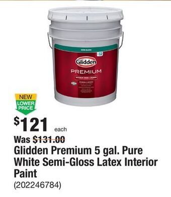 The Home Depot Glidden premium 5 gal. pure white semi-gloss latex interior paint offer