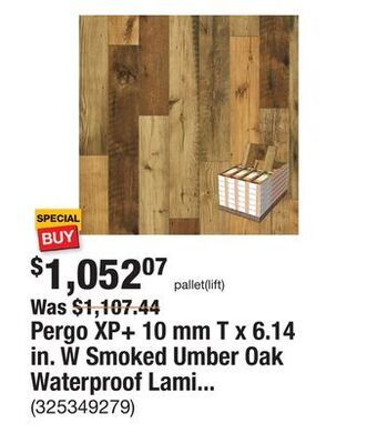 The Home Depot Pergo xp+ 10 mm t x 6.14 in. w smoked umber oak waterproof laminate wood flooring (483.6 sq. ft./pallet) offer